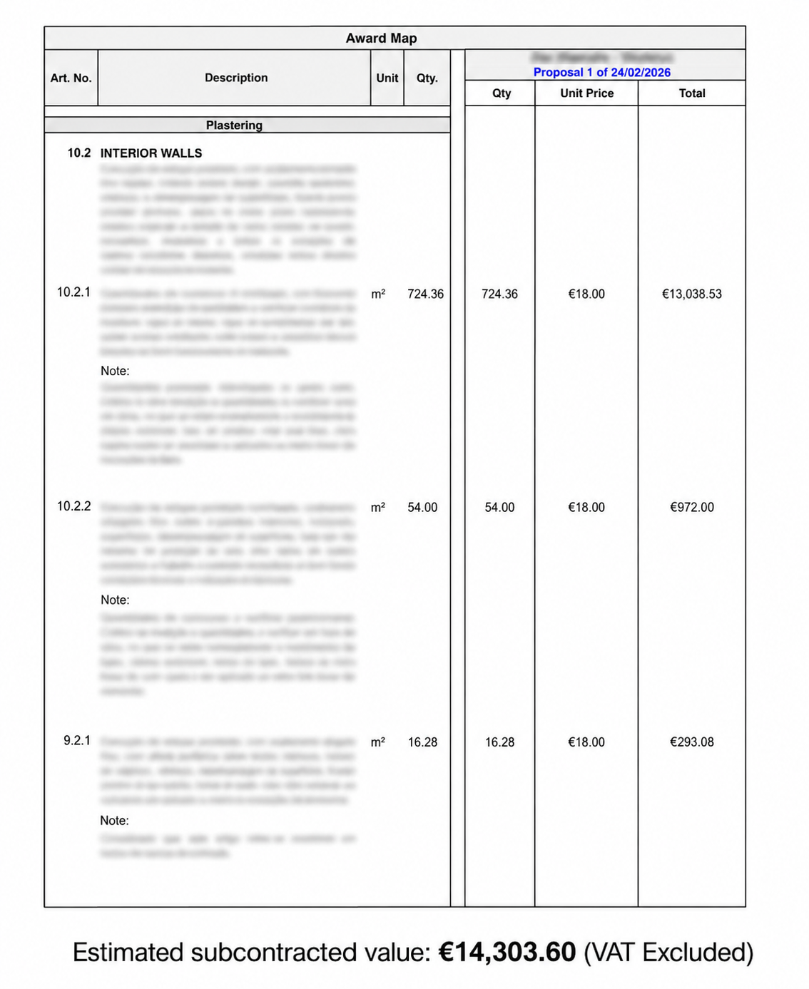 Signed contract evidence — Vieru case study, €14,303.60 awarded subcontract